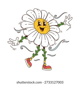 Carácter de daisy bailarina groovy de la historieta en zapatillas de deporte rosadas. Mascota de flores de Vector funky con ambiente hippie para diseños de primavera, marca de flores o proyectos de jardinería vintage