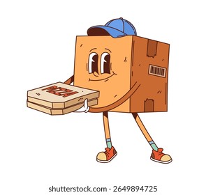 Cartoon groovy delivery box character in courier cap, holding two pizza boxes and smiling. Vector retro food service personage with nostalgic funky y2k vibe depicts packaging, fast food or logistics