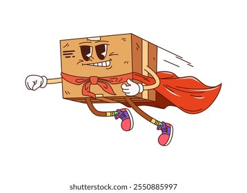 Cartoon groovy delivery cardboard box superhero character. Vector post service or express shipping retro personage wearing red cape and sneakers, flying with confidence. Isolated funny parcel, pack