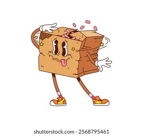 Cartoon groovy delivery cardboard box character. Vector funny disoriented package with a torn top and a dazed expression, spilling contents out conveys humor and chaos for themes of shipping mishaps