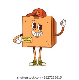 Cartoon groovy delivery cardboard box courier character. Vector package in postman worker cap. Isolated parcel, smiling cargo pack, friendly personage for mail or post shipping service with ok sign