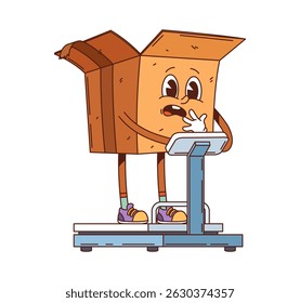 Cartoon groovy delivery cardboard box character weighing. Vector package, delivery and shipping mascot, funny parcel stands on scales with worrying expression. Cargo personage for mail or post service