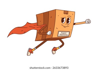 Cartoon groovy delivery cardboard box superhero character. Vector post service or express shipping retro personage wearing red cape and sneakers. Isolated funny parcel, pack flying with confidence