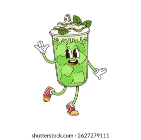 Cartoon groovy dessert characters. Vector glass with green drink, ice cubes, whipped cream and mint leaves, wearing sneakers and waving cheerfully. Cute refreshing matcha, mojito or lime beverage