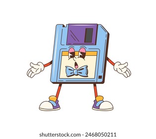 Caricatura genial diskette personaje. Vector aislado retro disquete personage trae nostalgia y diversión. Almacenamiento de la computadora de Antiguas con pajarita, guantes y zapatillas de deporte, que encarna la esencia fresca de los años 80