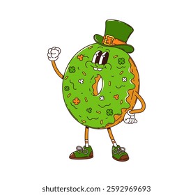 Cartoon groovy donut character, saint Patrick day holiday food personage. Isolated vector doughnut pastry with green glaze, top hat and clover sprinkles with retro hippie vintage nostalgic 70s vibes