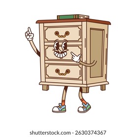 Móveis gaveta groovy desenhos animados e personagem interior com alças, rosto sorridente, livros em cima e gesto expressivo. Personagem retro vetor em tênis com vintage funky y2k vibração nostálgica hippie