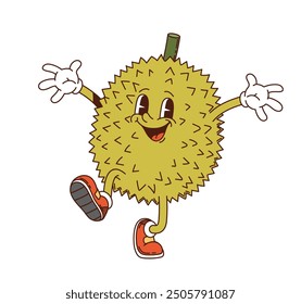 Cartoon groovy durian fruit character. Cheerful, tropical, ripe and healthy fruity personage with expressive eyes and sneakers is smiling, jumping and waving hands, showcasing friendly positive vibes