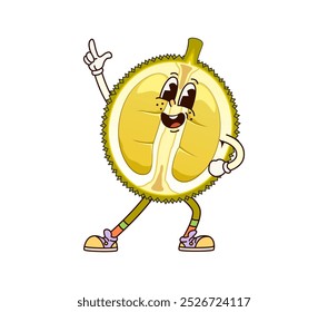 Cartoon groovy durian fruit character. Isolated vector cheerful, tropical, ripe and quirky retro fruit personage with expressive eyes smiling and perform disco dance with positive funky vibes