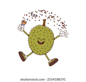 Cartoon groovy durian fruit character celebrates with a flapper. Isolated vector cheerful, tropical, ripe and healthy personage is smiling, jumping and waving hands, showcasing friendly positive vibes