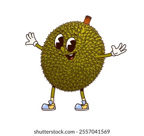 Cartoon groovy durian fruit, funny character with happy smiling face, vector funky comic. Groovy retro cartoon tropical fruit durian with smile and silly expression and good vibe relax gesture