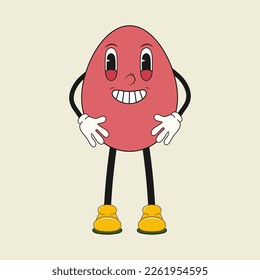 Cartoon groovy easter egg in trendy 60s, 70s, 80s style. Design for t-shirts,posters,cards,print.Vector illustration