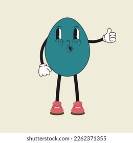 Cartoon groovy easter egg in trendy 60s, 70s, 80s style. Design for t-shirts,posters,cards,print.Vector illustration