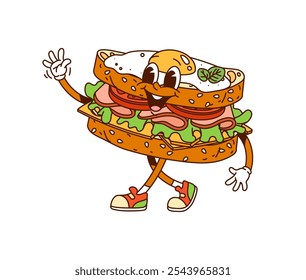 Cartoon groovy ovo sanduíche fast food personagem andando e balançando a mão com cara feliz sorridente. Pão de café da manhã retro vetor isolado com recheios de legumes e salsichas, comida alegre personagem