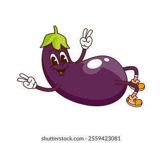 Cartoon groovy eggplant vegetable character pumping press on fitness sport. Isolated vector funny veggie sportsman, retro healthy food farm personage engaged in healthy lifestyle and workout exercises