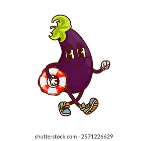 Cartoon groovy eggplant vegetable character on summer vacation carrying a swimming ring, exuding playful and cheerful vibes. Vector funky ripe veg personage depicting holiday joy and beach relaxation