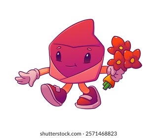 Cartoon groovy envelope valentine day character happily walking with flowers bouquet. Isolated vector vintage holiday mail or letter retro personage, romantic or love message ready for celebration