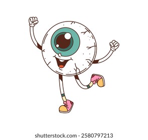 Cartoon groovy eyeball human body part character with a blue iris and a goofy expression dances cheerfully and makes a fun gesture, wearing retro sneakers. Vector quirky medicine and health personage