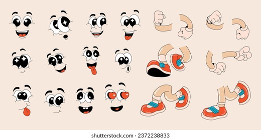 Cartoon groovy faces with different emotions, arms and legs, walking poses. Modern vector illustration in retro cartoon style.