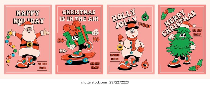 Cartoon groovy faces with different emotions, arms and legs, walking poses. Happy New Year mascot Santa, snowman, New Year tree, garlands, gift. Christmas vintage characters. Modern vector illustratio