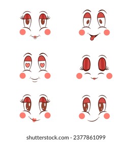 Cartoon groovy faces. Different emotions of the eyes and mouth. Groovy retro cartoon lovely heart sticker, patch. Valentines Day. For poster, card, print. Trendy retro 60s 70s style. Red, pink colors.