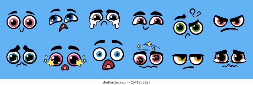 Cartoon groovy faces with different emotions and expressions, happy, crying, cunning and others. Retro cartoon faces for characters.