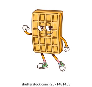 Cartoon groovy fast food belgian waffle character. Restaurant dessert cute mascot, cafe belgian waffle or takeaway sweet meal cheerful cartoon groovy isolated vector character or cool personage