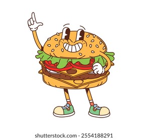 Cartoon groovy fast food burger happy character. Fast food restaurant meal cheerful mascot, funny 60s 70s cartoon isolated vector character. Takeaway cafe snack or hamburger happy groovy personage