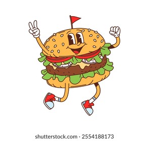 Cartoon groovy fast food cheeseburger character. Fast food cafe burger cheerful 60s 70s mascot, cartoon isolated vector happy character. Takeaway menu snack or street restaurant meal cute personage