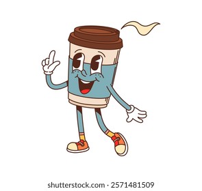 Cartoon groovy fast food coffee cup character. Street cafe hot coffee disposable cup with lid happy character. Takeout latte, cappuccino or espresso beverage groovy isolated vector cute personage
