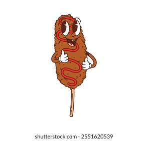 Cartoon groovy comida rápida corndog lindo personaje. Comida rápida menú comida 60s 70s groovy mascota, divertido personaje de Vector aislado de dibujos animados retro, cafetería para llevar corndog o bocadillo de la calle carácter alegre