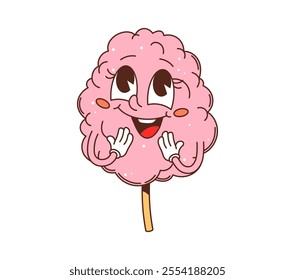 Cartoon groovy fast food cotton candy character. Fast food sweet cotton candy funny groovy personage, takeaway dessert cute cartoon isolated vector mascot. Amusement park snack cheerful character