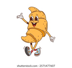 Cartoon groovy fast food croissant character. Takeaway dessert food funny character, restaurant sweet meal or cafe pastry happy groovy isolated vector personage. Fresh croissant cheerful mascot