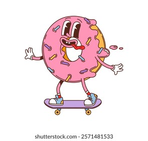 Cartoon groovy fast food donut character on skate. Street cafe pastry meal funny mascot, takeaway sweets or restaurant dessert food groovy isolated vector personage. Donut with icing skating character