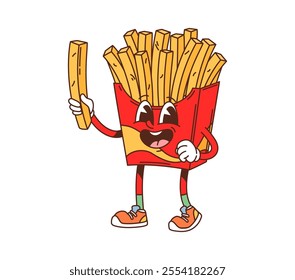 Cartoon groovy fast food french fries character. Takeaway restaurant meal funny retro personage, 60s 70s cartoon isolated vector character. Street cafe menu french fries snack box cheerful mascot