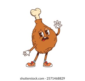 Cartoon groovy fast food fried chicken leg character. Takeaway cafe poultry meat snack sad or disappointed personage. Fast food restaurant chicken fried drumstick meal groovy isolated vector character