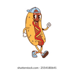 Cartoon groovy fast food hot dog character. Takeaway cafe hot dog cute vintage personage, 60s 70s cartoon isolated vector character. Fast food snack or street menu meal funny groovy mascot wearing cap