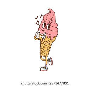 Cartoon groovy fast food ice cream cone character. Fast food frozen dessert funny personage, vanilla ice cream waffle cone cartoon groovy isolated vector character or mascot singing or whistling