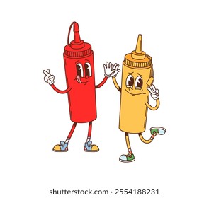 Cartoon groovy fast food ketchup and mustard character. Fast food restaurant sauce cute cartoon personage, funny groovy isolated vector character. Takeaway cafe ketchup and mustard cheerful mascot