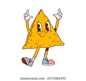 Cartoon groovy fast food nachos chip character. Mexican fast food salty snack happy smiling isolated cartoon personage. Tex Mex cuisine cafe triangular nacho corn chip 60s 70s groovy vector character