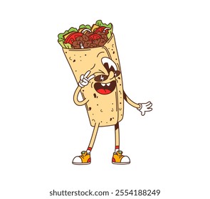 Cartoon groovy fast food shawerma character. Street restaurant doner kebab funny groovy mascot, burrito cute cartoon isolated vector personage. Fast food shawerma takeaway menu meal cheerful character