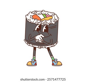 Cartoon groovy fast food sushi character. Japanese cuisine cafe or sushi bar meal cheerful cartoon personage. Asian fast food maki sushi roll with rice, nori and tuna isolated groovy vector character