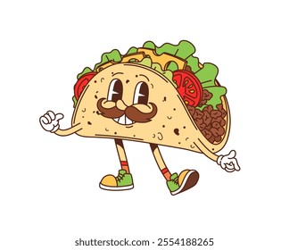 Cartoon groovy fast food tacos cheerful character. Mexican cuisine street cafe snack cartoon funny mascot, cheerful groovy isolated vector personage. Fast food meal or takeaway tacos happy character