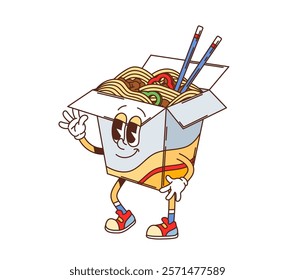 Cartoon groovy fast food Wok noodles character. Asian cuisine fast food cafe meal happy personage, Wok takeaway menu noodles or soup box with chopsticks retro groovy isolated vector character