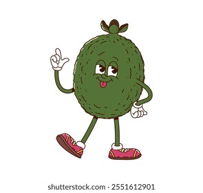 Cartoon groovy feijoa fruit character cheerfully smiling with happy expression and finger up gesture. Isolated vector funny tropical fruit retro personage exudes happiness and playful hippie vibe