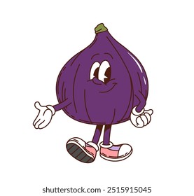 Cartoon groovy fig fruit character with expressive eyes, gloves, and sneakers is smiling and gesturing, showcasing friendly, inviting vibe. Isolated vector tropical charming, ripe figs, personage