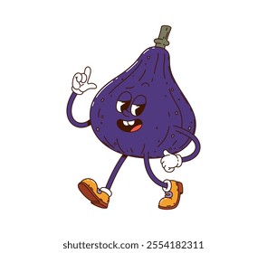 Cartoon groovy figs fruit character with a joyful expression, wearing sneakers and making pointing sign. Isolated vector vibrant purple fig retro personage exudes a fun, energetic, and nostalgic vibe