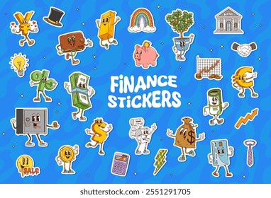 Cartoon groovy finance stickers of vector money characters. Cute psychedelic cash, bank, credit card and wallet, dollar, euro and yen currency symbols, money bag, piggy bank and tree stickers pack