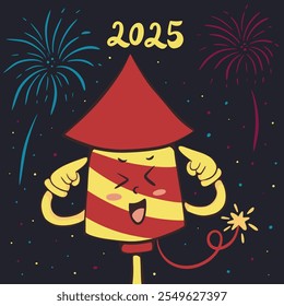 cartoon groovy firework character. Isolated vibrant rocket or petard personage ready for party celebration