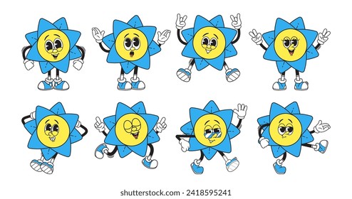 Cartoon Groovy Flower Character Emojis Express Retro Spirit And Spread Positive Vibes. Isolated Collection of Smiles